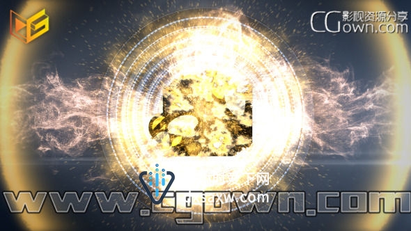 AE模板 能量金色粒子碰撞爆炸火焰燃烧烟雾冲击出标志片头