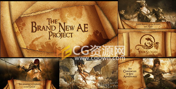 AE模板复古旧纸卷轴皮书电影游戏传奇历史故事宣传视频制作