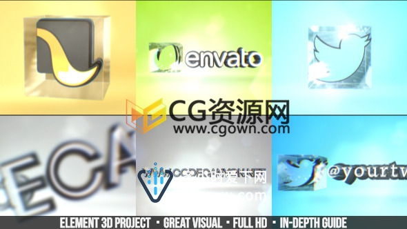 三维标志水晶片头AE模板 Element3D挤压LOGO动画效果工程