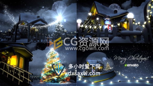 庆祝圣诞节三维场景片头动画魔法雪球房子圣诞树灯光 AE模板