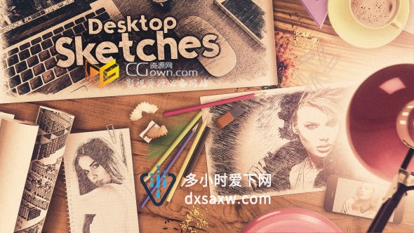 AE模板 工作台桌面艺术家画纸铅笔素描手绘风格照片创意展示