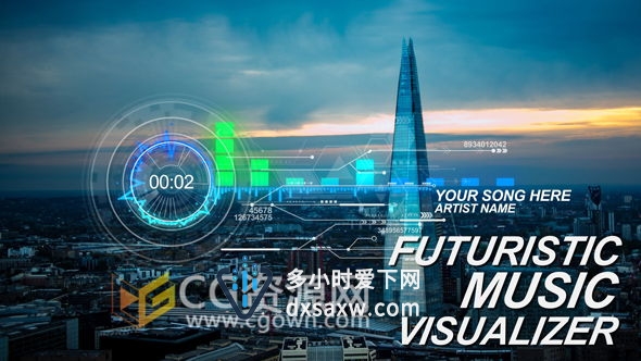 高科技感音乐可视化效果AE模板 HUD未来窗口播放器UI界面