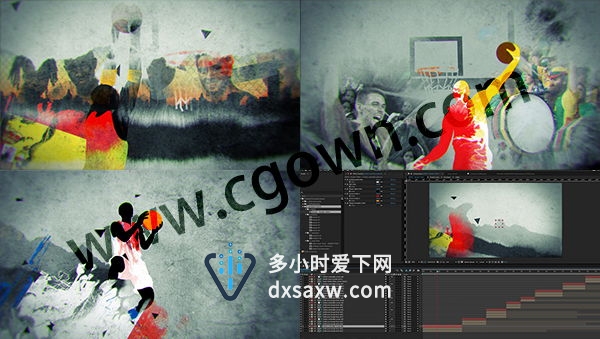 AE模板 彩色水墨动画元素设计NBA篮球体育锦标赛电视包装片头宣传
