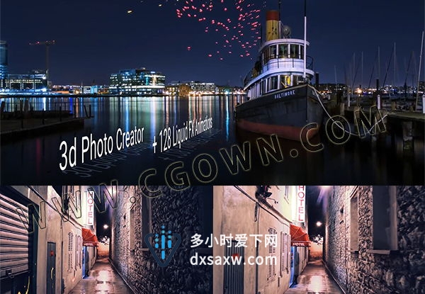 AE模板 风景图片转3D视频摄像机动画+128种液流体FX特效MG动画元素