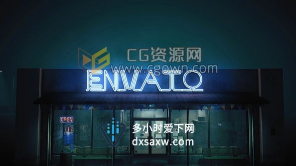 在街道上店铺门口上面霓虹灯LOGO广告宣传片头动画AE模板
