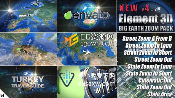 E3D制作地球变焦包 三维地图地球 街道跟踪 Videohive Earth Zoom Pack AE模板