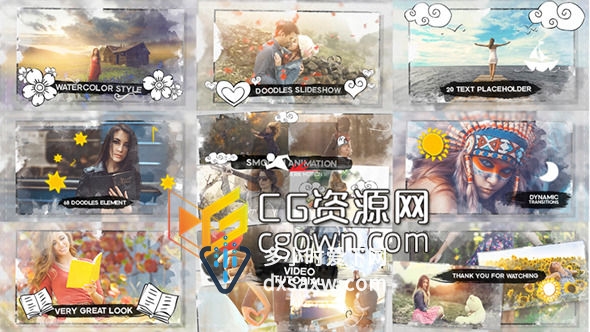AE模板 水彩墨水手绘涂鸦素描风格照片 旅游假日回忆相册