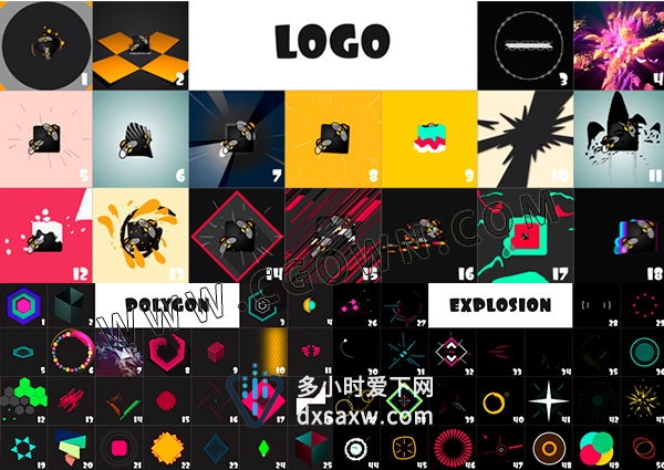 二维卡通FX动画AE模板 火花爆炸多彩多边形转场背景标志元素MG动画