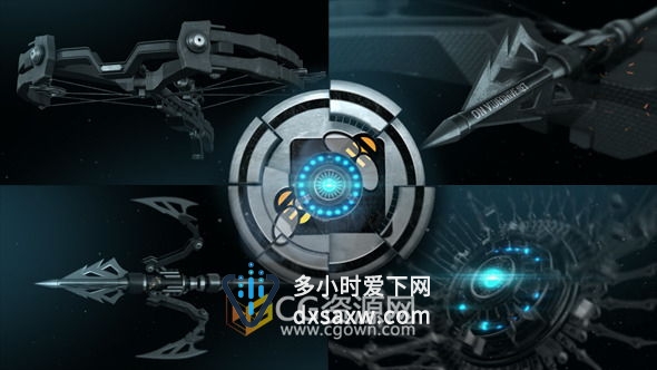 游戏宣传片头AE模板 高科技三维机械弓箭机器变形标志演绎视频