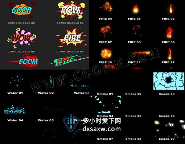 卡通FX水流特效火焰烟雾漫画泡沫综艺节目字幕动画转场元素AE模板