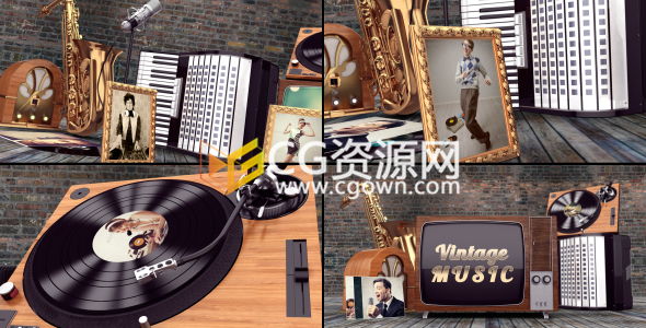 AE模板音乐会宣传片头复古唱机相册电视元素场景动画