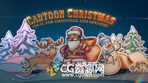 翻开明信片书展示圣诞快乐鹿老人雪人祝福节日快乐动画 AE模板