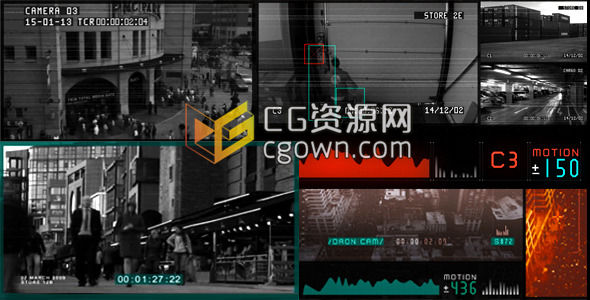 AE模板 监控摄像头电视监视器画面效果 路控摄像机偷窃防盗间谍视频