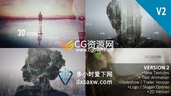 AE模板 多方式重曝光图片文字叠加贴图纹理2/3D动画工具工程