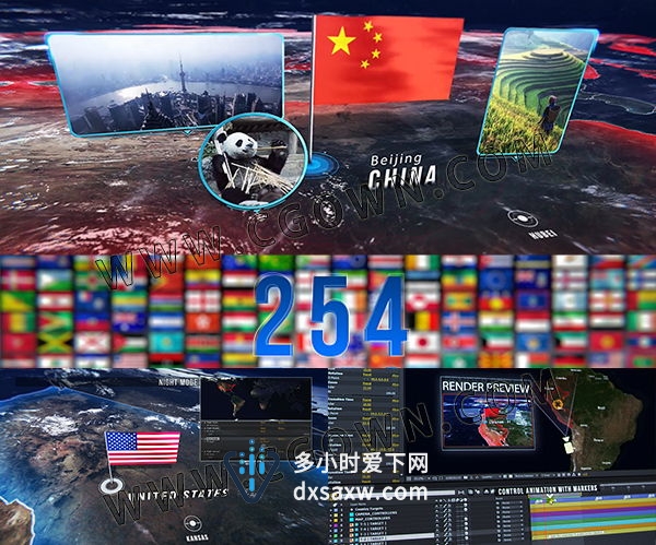 AE模板工程-三维地球地图国家国旗边界军事地点科技感目标点动画