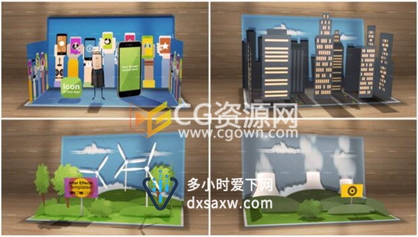 AE模板36不同场景3D立体书弹出书动画展示解说故事带视频教程