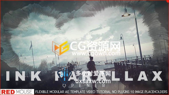 水墨宣传片视频AE模板 笔刷散开融合遮罩展示图片动画效果