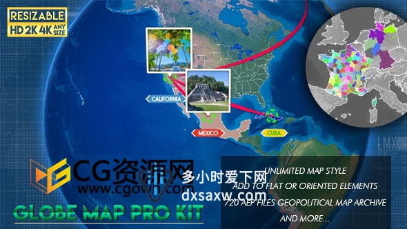 AE模板全球世界地图动画工程演示政治管理地区信息图表效果