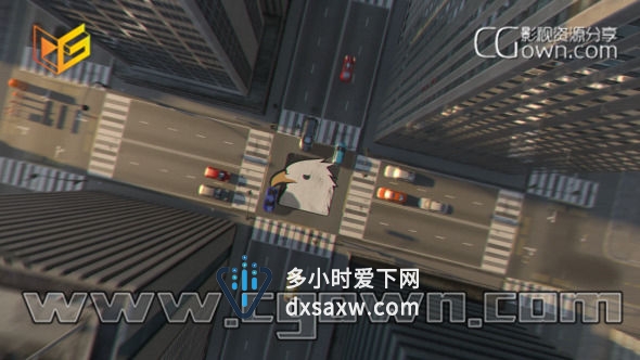AE模板 穿越天空云层俯冲城市街道摩天大楼变焦展示出标志LOGO动画