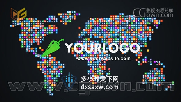 AE模板 社交网络图标汇聚成世界地图展示公司企业LOGO片头