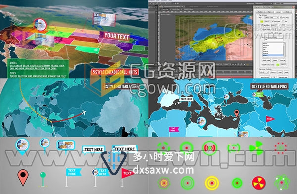 AE模板 3D世界地图三维中国地图城市辐射连接全球领地划分信息图表