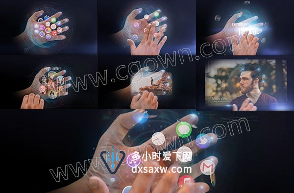 AE模板未来概念智能手机交互式全息图HUD投射触摸技术演示动画
