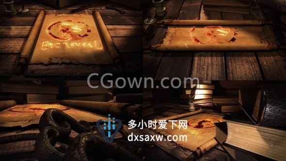 羊皮旧纸卷轴展示燃烧LOGO传奇战斗战争幻想童话片头-AE模板下载