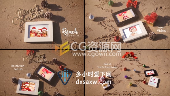 实拍海边沙滩合成展示照片却不圣诞节相册视频制作-AE模板