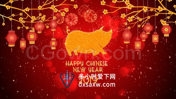 2019年春节祝福新年问候传统拜年节日视频猪年喜庆年会元宵灯笼金猪贺岁片头-AE模板下载