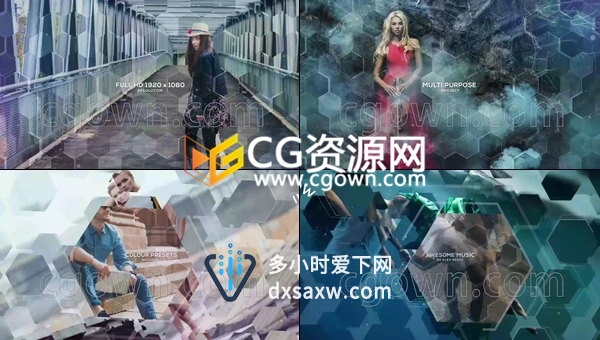 六边形玻璃镜面拼贴视差图片开场宣传视频效果-AE模板下载