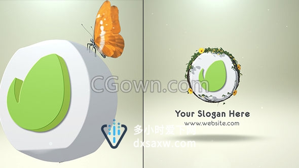 三维物体生长草叶子鲜花蝴蝶飞舞LOGO动画片头-AE模板下载