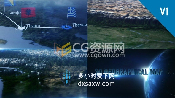 Map三维地球3D地图地点连线旗帜展示地形划分动画视频-AE模板下载