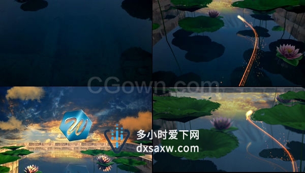中国风荷花池水面金色粒子光线展示夕阳下荷塘开场片头LOGO动画-AE模板下载