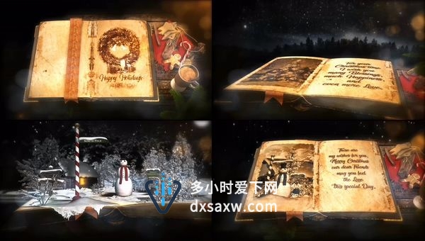 3D书翻开卡片式圣诞节快乐场景动画效果元素视频制作-AE模板下载