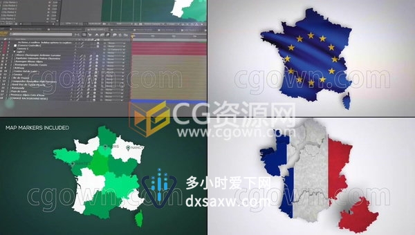 法国地理信息图形地图标记模块化4K动画视频制作-AE模板工程