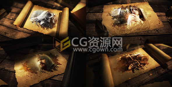 历史羊皮纸卷轴展开图片动画历险古代战争戏剧视频制作-AE模板下载