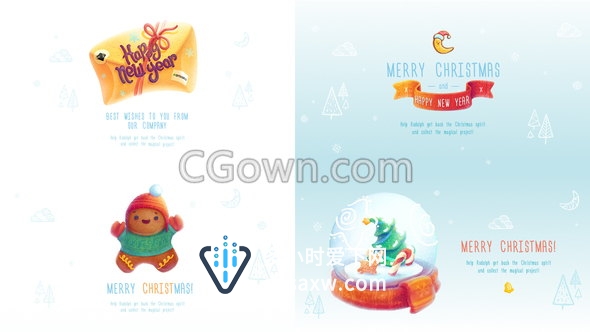 圣诞贺年贺卡卡通卡片元素鹿雪球布娃标题动画工程-AE模板下载