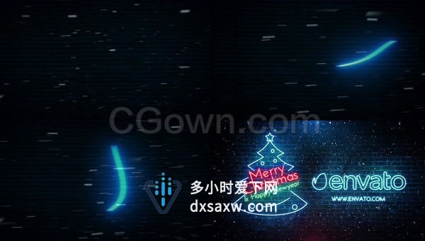 快速霓虹灯闪烁新年圣诞节假日贺卡祝愿标志LOGO雪花飘落片头演绎-AE模板下载