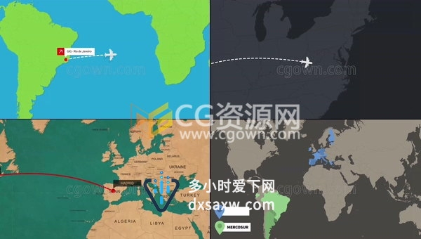 2D世界地图风格国家旅游景点飞机起点飞行到目的地动画制作-AE模板