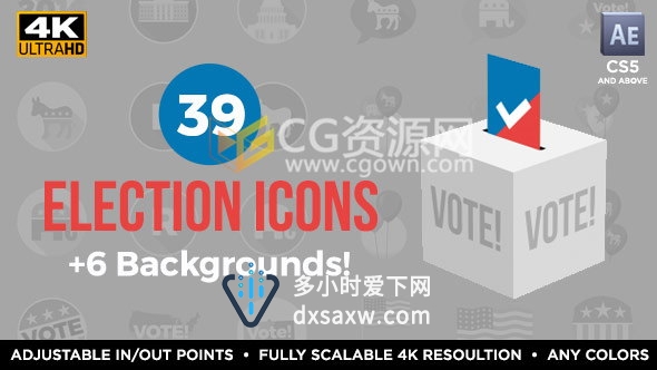 39组扁平化美国元素图标动画共和党民主党政治选举投票徽章-AE模板