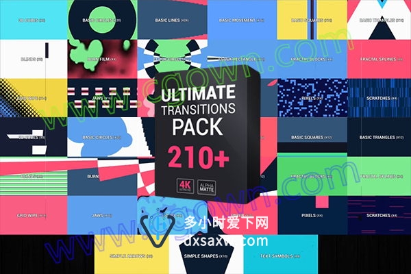 4K分辨率210种MG过渡图形动画遮罩转场效果工程-AE模板下载