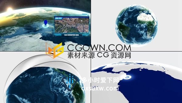 三维地球变焦聚地点标记介绍图片或LOG动画效果-AE模板下载