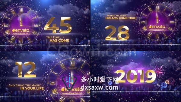 时钟转动节日庆典奢华婚礼派对烟花闪烁金色粒子2019新年倒计时活动片头-AE模板下载