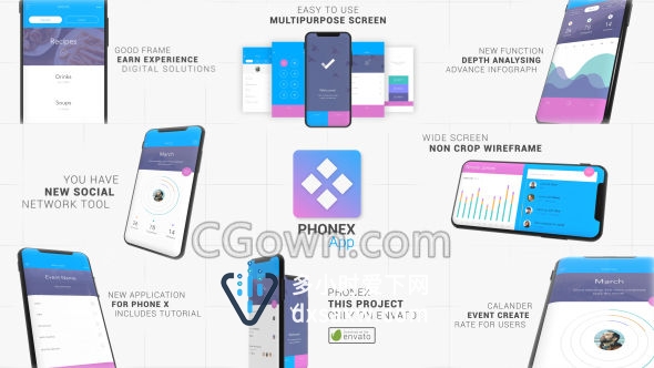 iPhoneXs应用App推广商业广告视频手机多屏幕UI设计界面动画-AE模板下载
