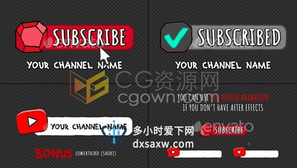 卡通涂鸦涂鸦抖动图形Vlog视频博客主页订阅按钮字幕条动画效果-AE模板
