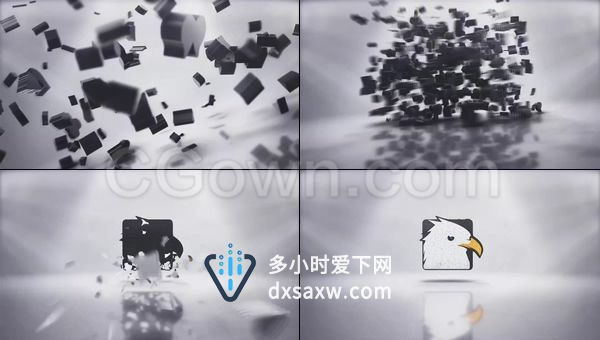 三维破碎物块汇聚标志展示公司LOGO粉碎状飞速旋转慢动作组合-AE模板