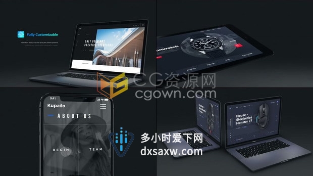 AE模板下载黑酷风格手机平板笔记本电脑介绍网站页面展示应用程序用户界面设计主题演示