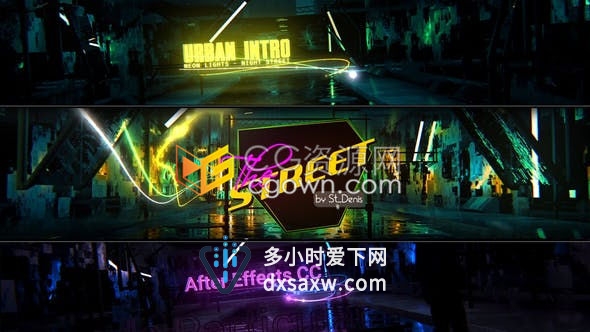 霓虹灯效果工业风城市夜晚街道灯光演绎文字标题标志片头动画-AE模板