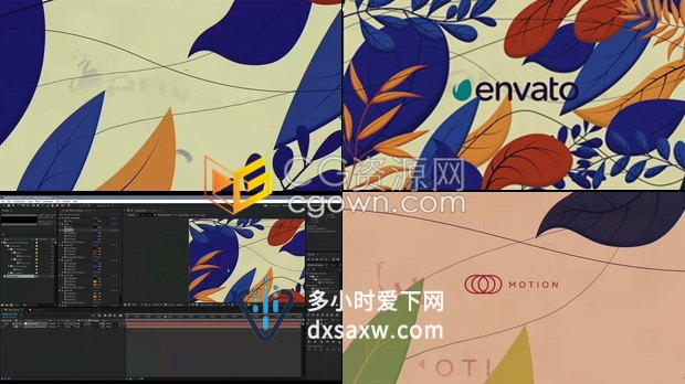 春秋季度彩色树叶形状插图展示标志LOGO片头-AE模板下载