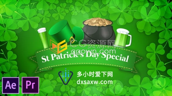 清新绿色三叶草图文标题展示圣帕特里克节活动宣传片-PR预设/AE模板下载